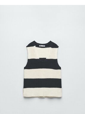 Zara Black and White Striped Knit V-Neck Sleeveless Top